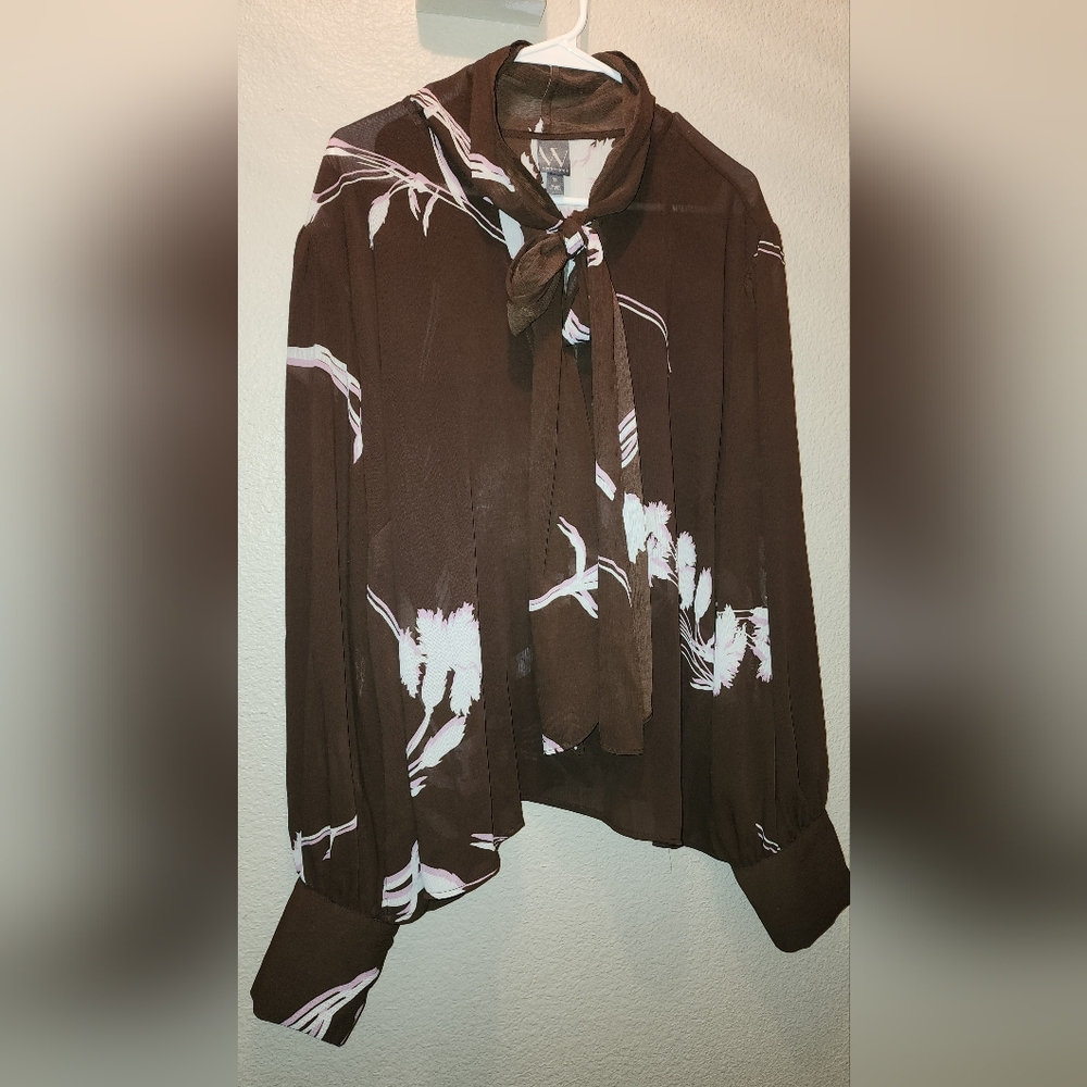 Worthington Brown Floral Blouse with Bow